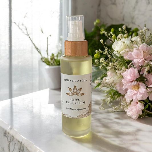 Simpatico Soul Glow organic and natural face serum with Castor oil, Frankinsece, Jojoba Oil and Vitamin E. Made in California.